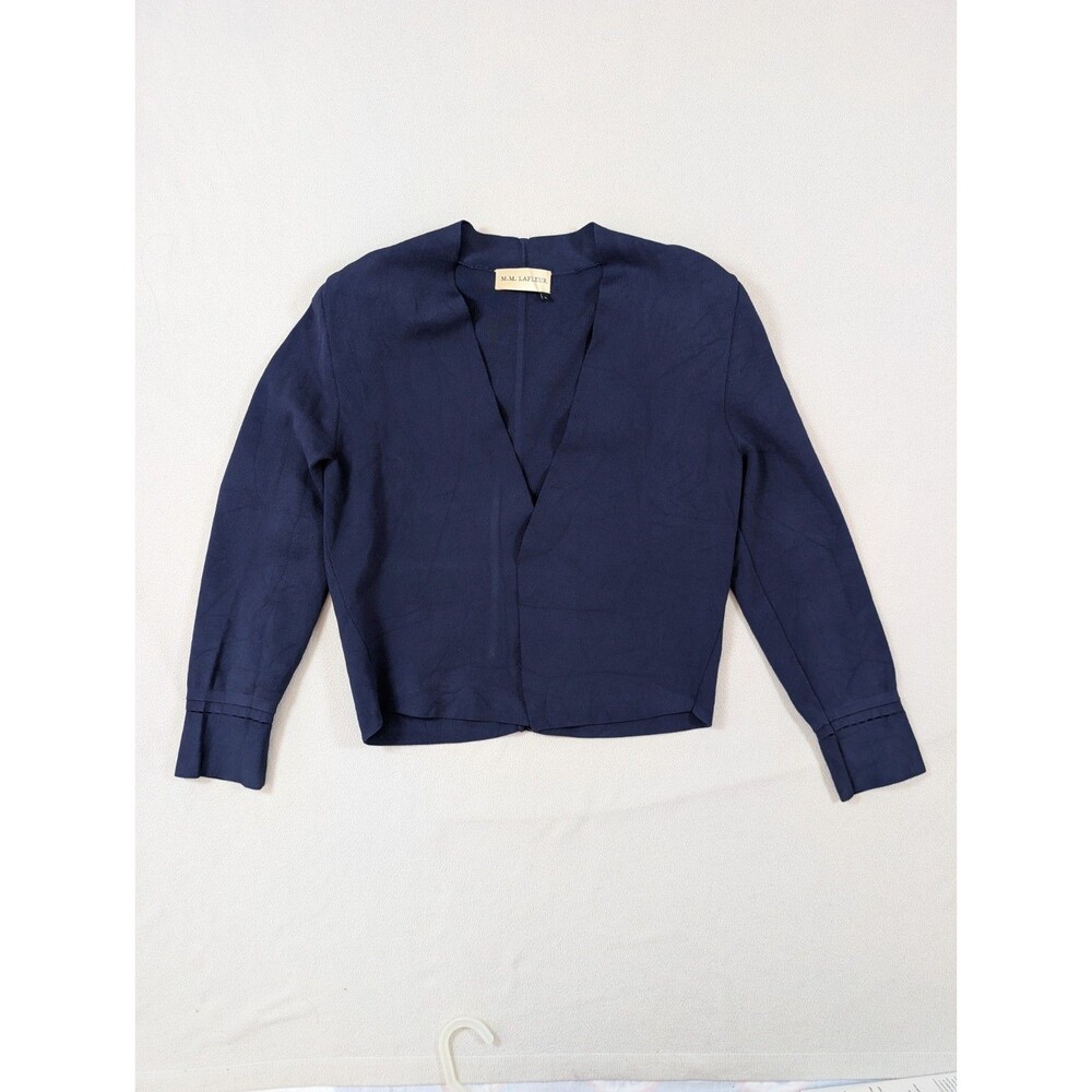 MM Lafleur Jacket Womens L Viscose Knit Stretch Open Front Blazer Navy Cardigan